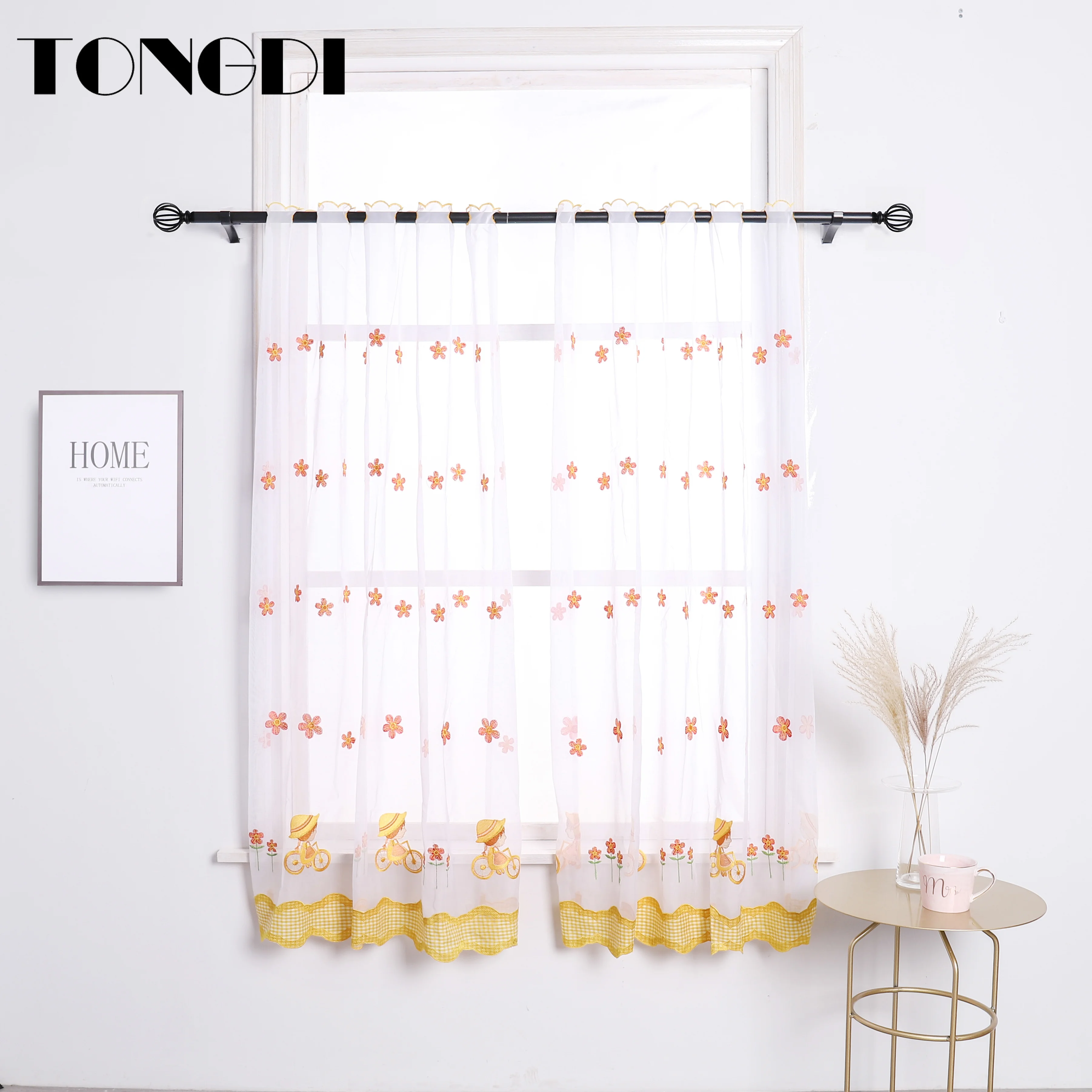 

TONGDI Home Kitchen Children Curtains Cartoon Bee Embroidery White Tulle Valance Decoration For Window Kitchen Dining Room