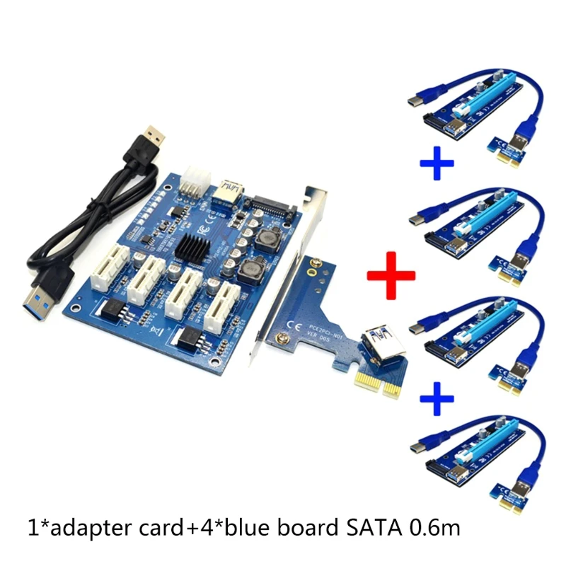 

LXAB набор видеокарт один для четырех PCI-E к PCIe Адаптерная карта 1 к 4 PCI-E 1X плата расширения 4 порта 4pin/6pin/SATA кабель