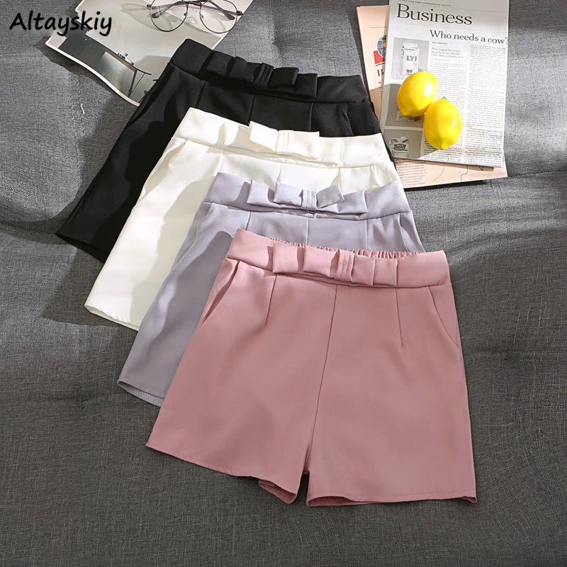 

Шорты женские однотонные с завышенной талией, размера плюс с драпировкой и бантом, офисные милые трендовые XS-4XL в Корейском стиле Харадзюку, ...