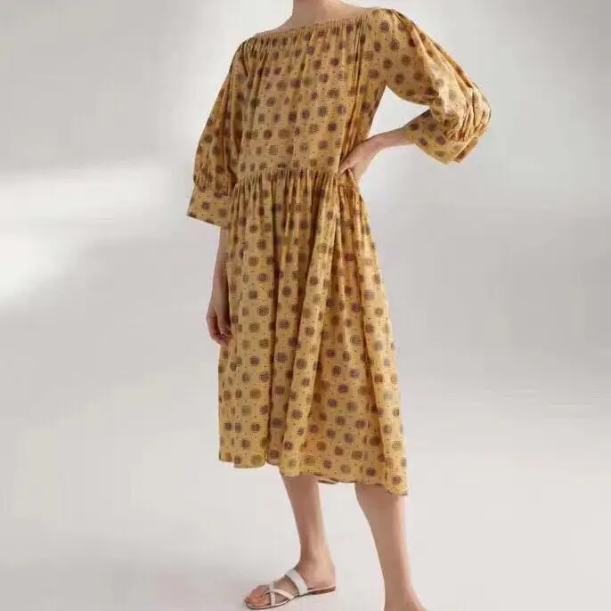 

Dress Northern Women Europe Yellow/rust Print Printing Off-shoulder Oversized Midi Loose Dress