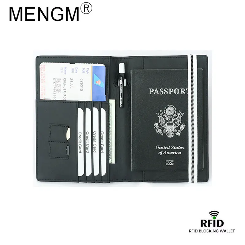 

MENGM Card ID Holders Passport Book Wallet Genuine Leather SIM Pen Plane Ticket Slot RFID Blocking Safe Purse Elastic Belt Black
