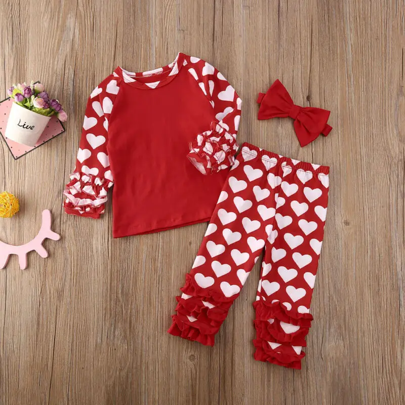 0-24M Valentine's Day Baby Girl Outfits Newborn Infant Red Heart Long Sleeve T shirt Ruffle Pants Costumes | Мать и ребенок