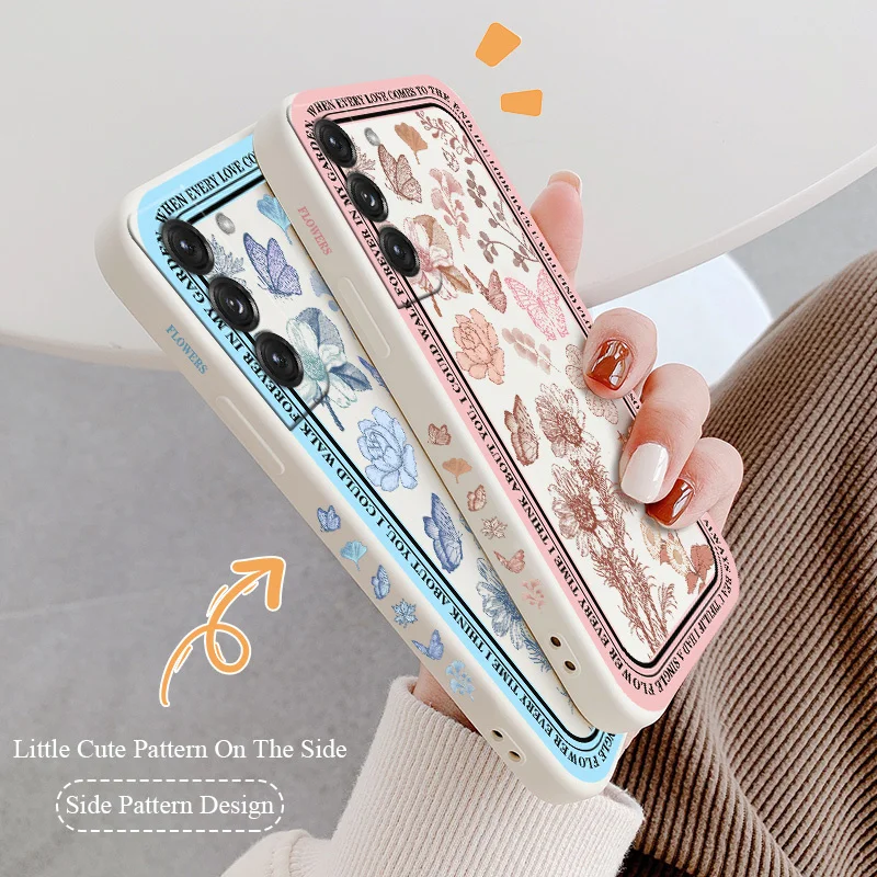 

Blue Border Flowers Phone Case For Samsung Galaxy S21 S20 FE S10 S9 Ultra Plus S10e Note 20 ultra 10 9 Plus Soft Back Cover