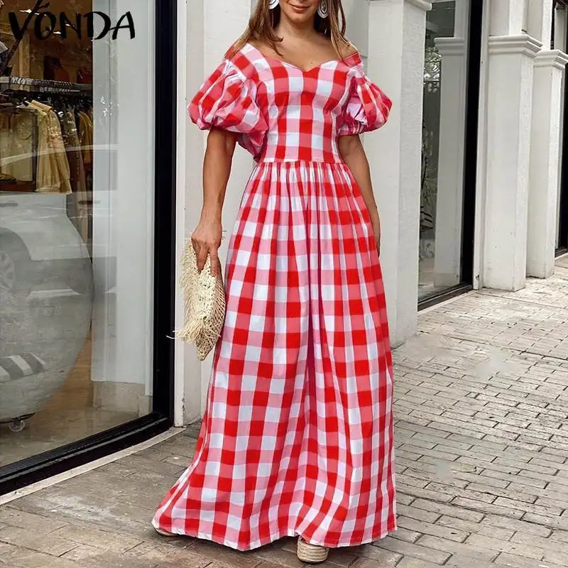 

Elegant Puff Sleeve V Neck Maxi Dress VONDA Summer High Waist Retro Checked Plaid Dresses Loose Bohemian Party Vestidos Oversize