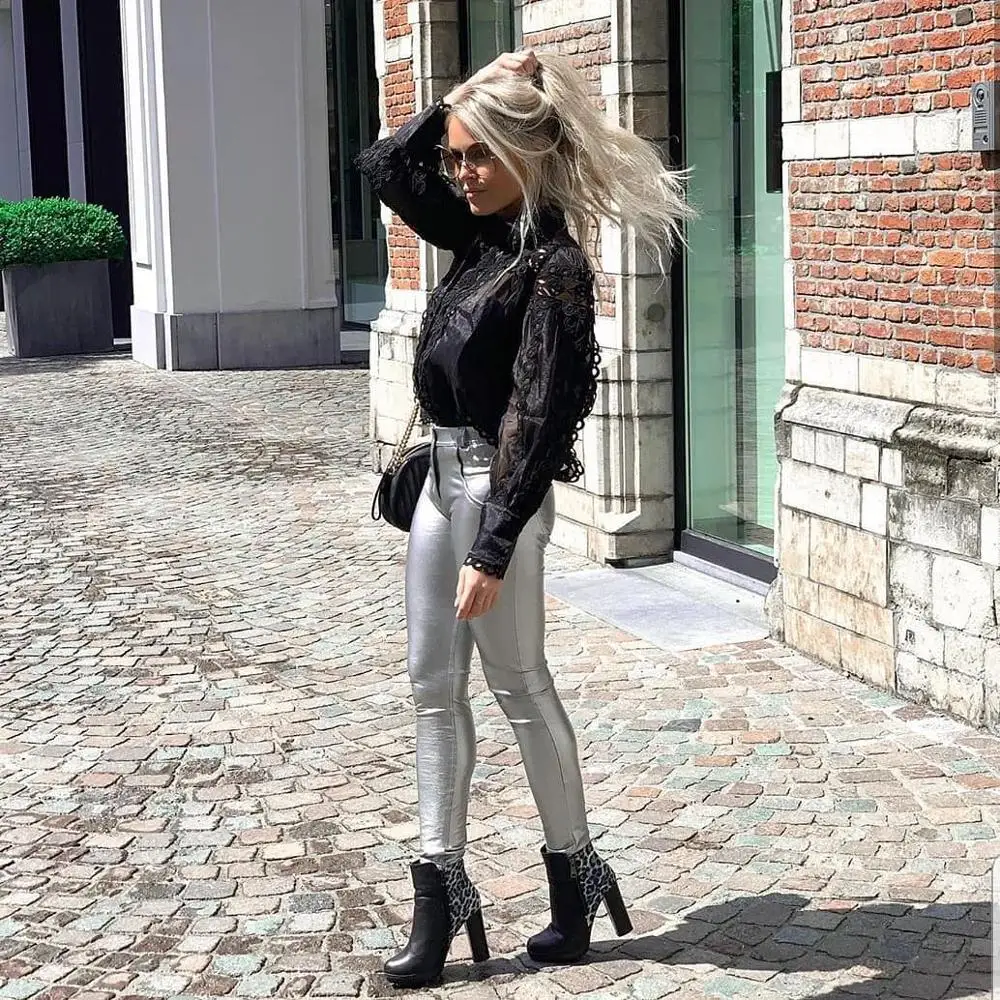 

NEW Melody Four Ways Stretchable Silver Faux Leather Pants Women Mid Rise Button Fly Push Up PU Leather Trousers Elastic Pants