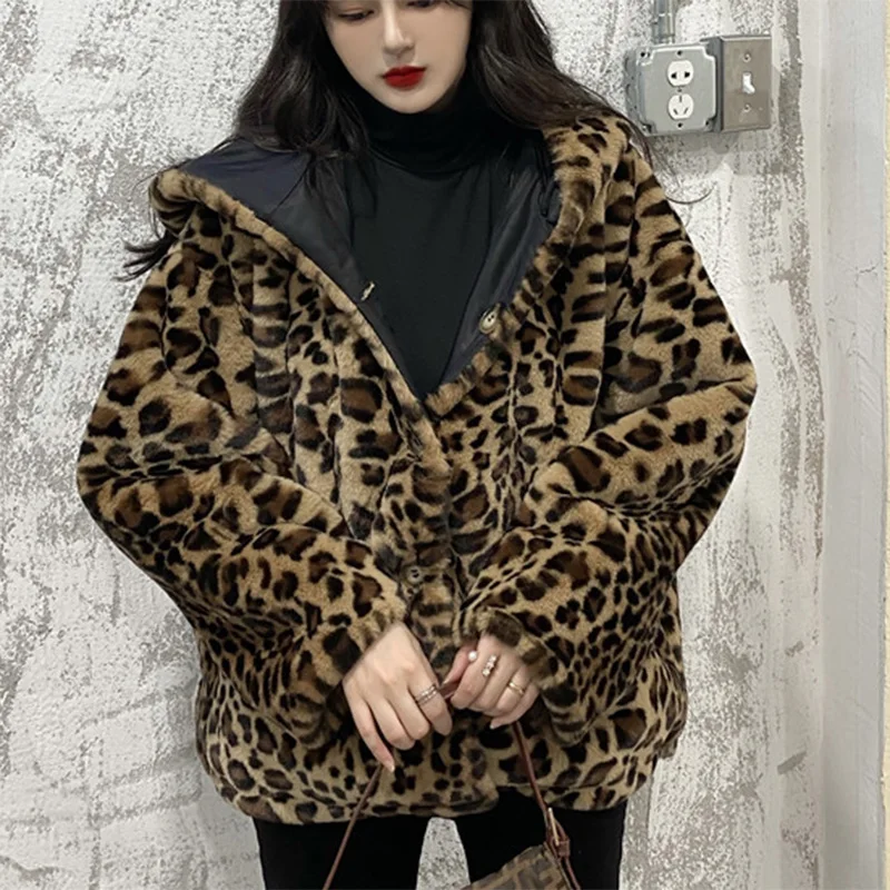 Модное леопардовое пальто из искусственного меха женская зимняя теплая мягкая