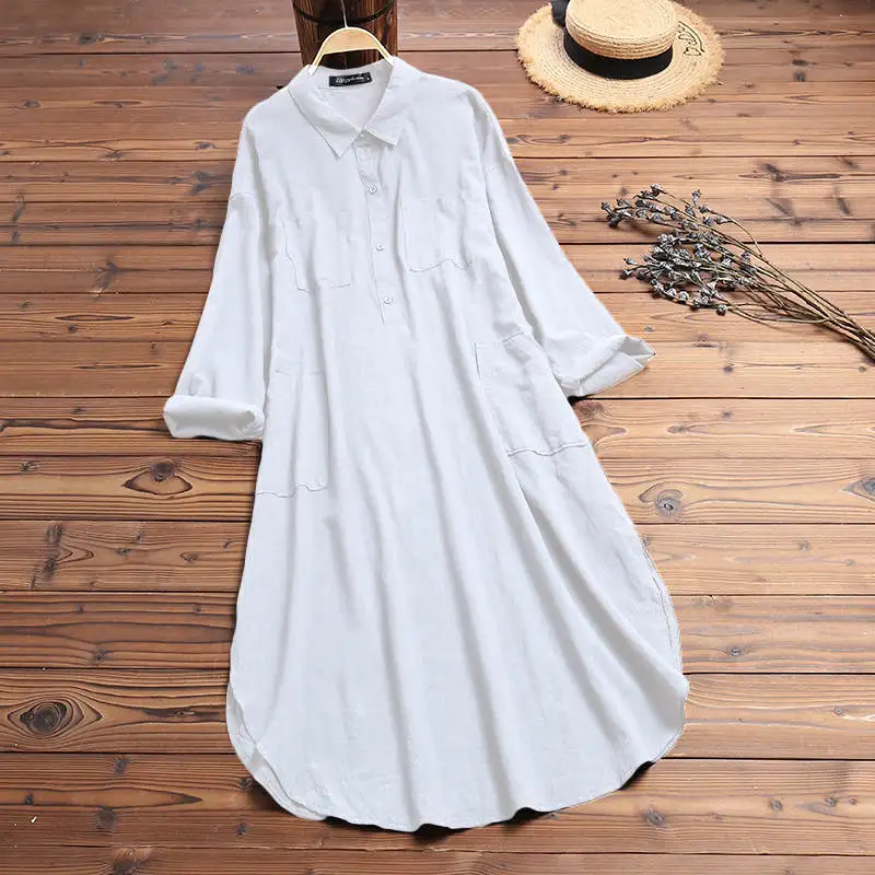Off White ZANZEA, женские длинные рубашки, платье для офиса, для девушек, для работы, платья, повседневные, одноцветные, с отворотом, Vestidos, хлопковая туника, рубашка, халат, женские платья - Цвет: Off White