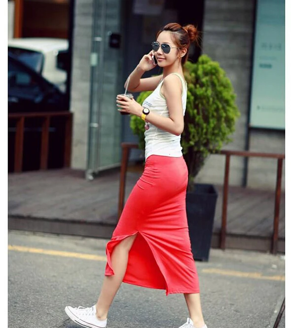 

Cheap New Fashion Cotton Thin Woman Summer Skirt Side Split Slit Maxi Skirt Lady Package-hip Straight Slim Modal Long Skirt W563
