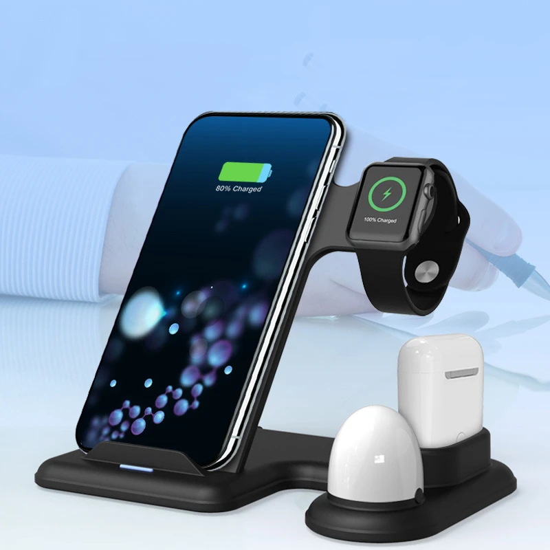 Беспроводное зарядное устройство 4 в 1 Qi со светодиодной подсветкой для iPhone 11 pro XS