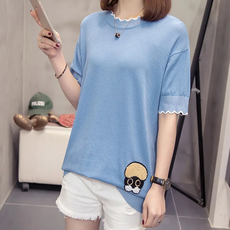 

2021 Summer new fashion Korean casual Loose women knitting Pullovers tops round neck half-sleeve cartoon embroidery sweaters