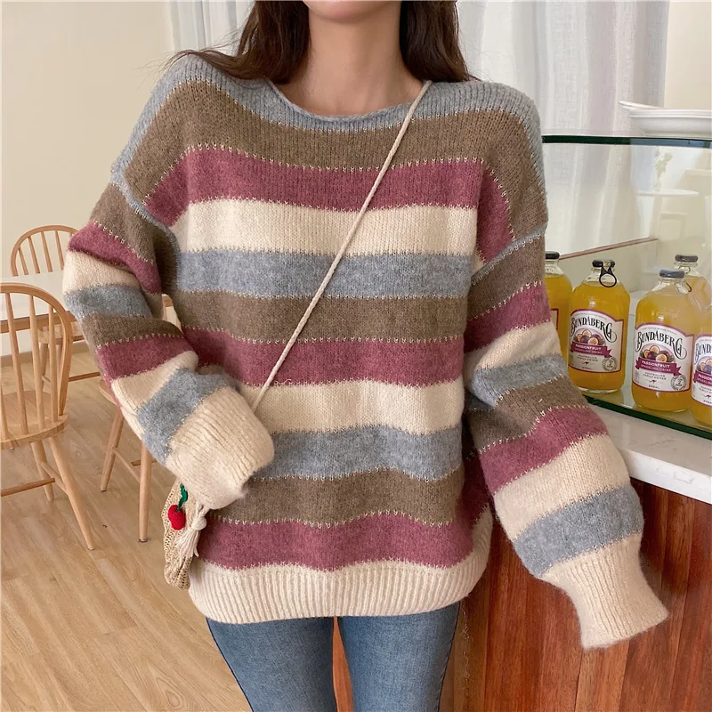 Новинка 2020 года пуловер в радужную полоску с круглым вырезом простой вязаный