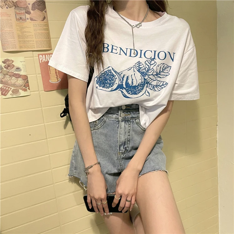 

2067 2021 new loose short letter print vintage sense small all-match short-sleeved T-shirt