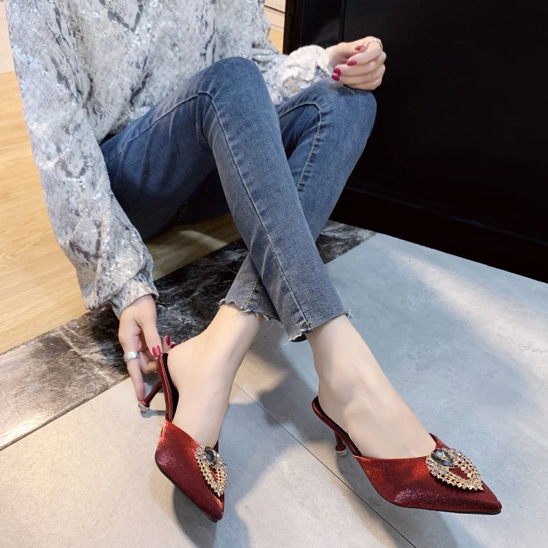 Большие стразы Шелковые шлепанцы на высоком каблуке Женские туфли без задника с