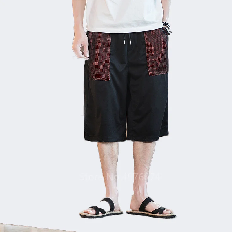 

2021 Men Summer Patchwork Shorts Pants Men's Streetwear Shorts Cotton Casual Black Navy Knee Length Man Shorts Plus Size M-5XL