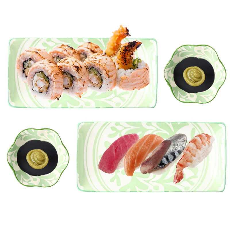 

Керамическая тарелка для суши, набор тарелок для соуса в японском стиле, 4 предмета, комбинированная подглазурованная прямоугольная десерт...