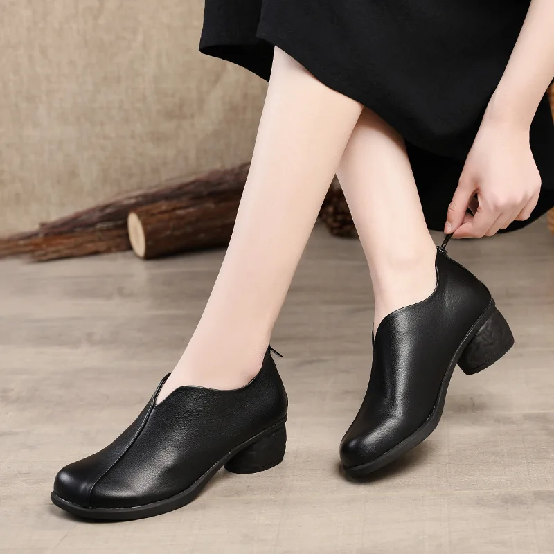 Hot Promotional Women Genuine Leather Shoes 2022 New Spring Single Elegant Comfortable High Heels Casual Trend Black | Обувь