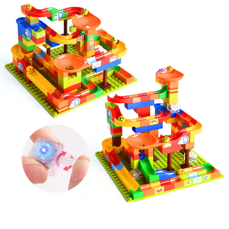 128pcs with 4 light 128-256 шт детские блоки мраморный трек бегать со светом лабиринт мяч трек строительные блоки пластиковая воронка Горка DIY Кирпичи Duploe игрушки - Цвет: 128pcs with 4 light