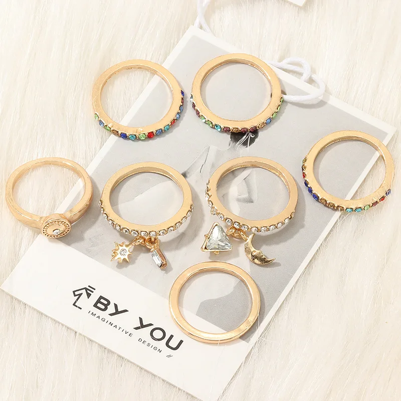 

7Pcs/set Vintage Gold Color Sun Moon Gemstone Rings Sets Women Fashion Luxury Bohemian Finger Rings Set Jewelry Gift for Women