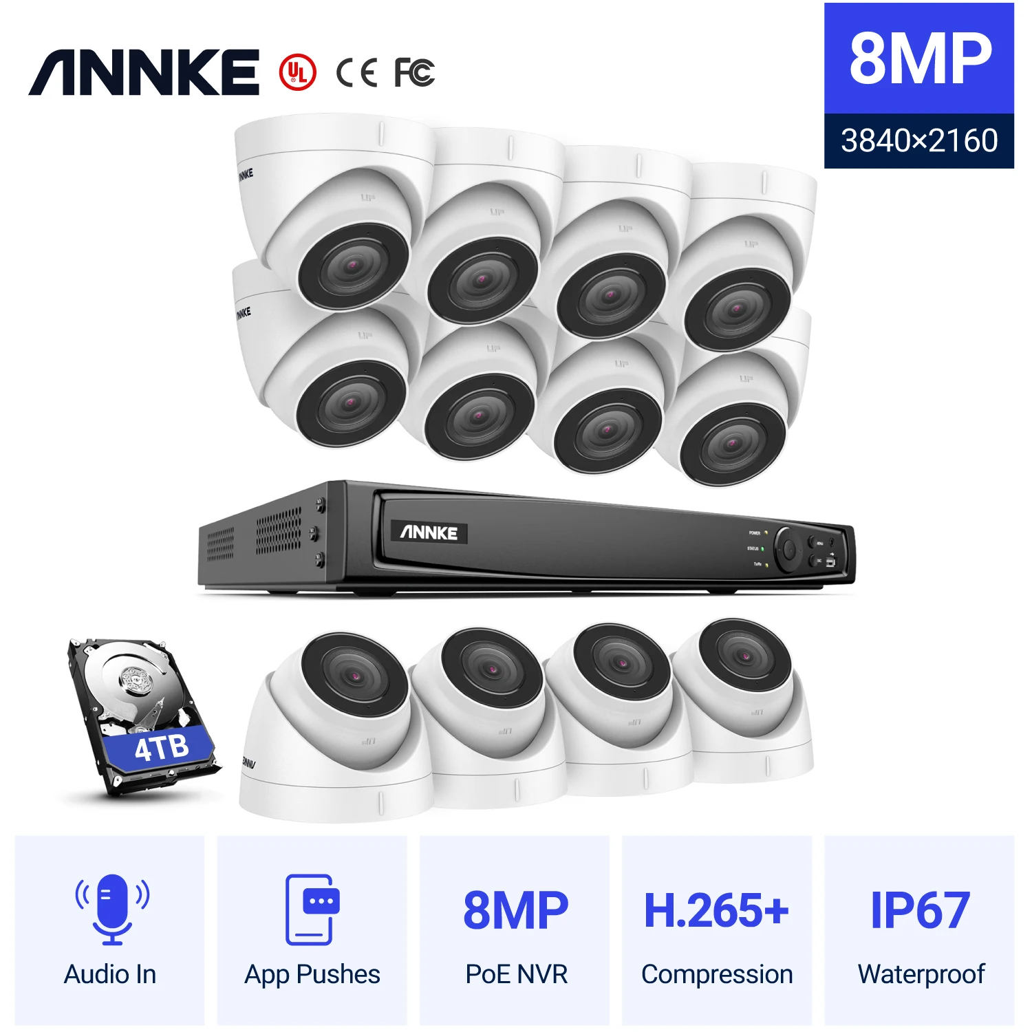 Сетевая система видеонаблюдения ANNKE 16 каналов 4K Ultra HD POE 8 Мп H.265 + сетевой