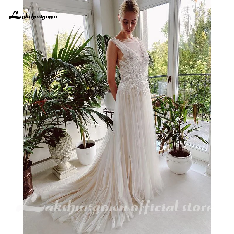 

Lakshmigown Boho Champagne Wedding Dress Appliques Lace A-Line Bride Gown Customized Princess Vestido de Noiva