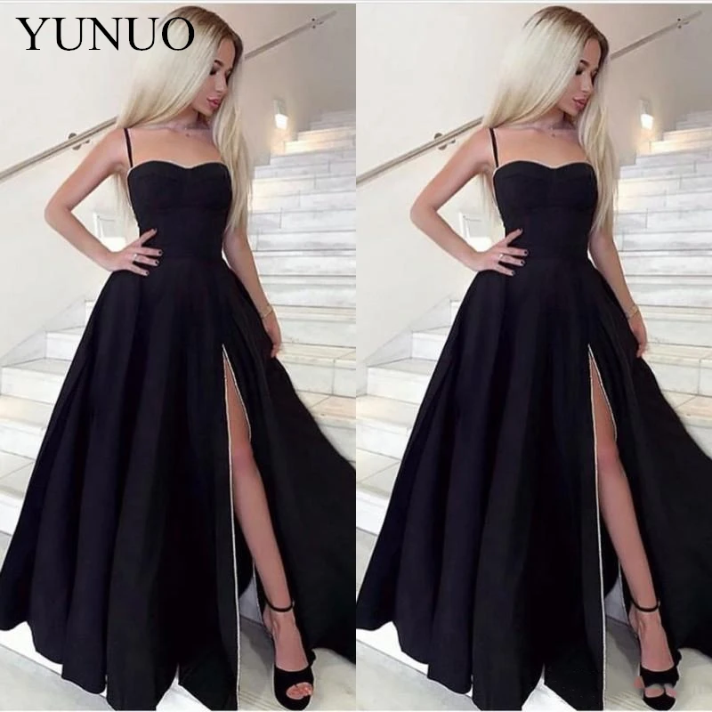 YuNuo и сексуальными тоненькими лямками атласное черное платье для выпускного