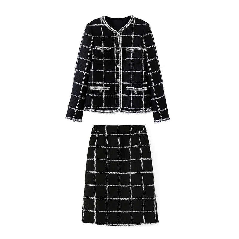

French Style Elegant Ladies Black Plaid Knitted Sweater Skirt Two Piece Set Women Autumn Winter Skirt Top Matching Outfits pull