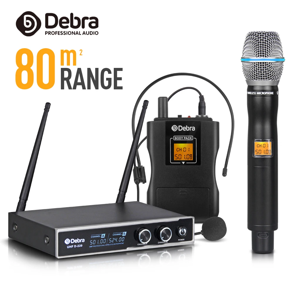 

Good Sound!!Debra Audio D-220 2 Channel 80m Range with Handheld or Lavalier & Headset Mic UHF Wireless Microphone System