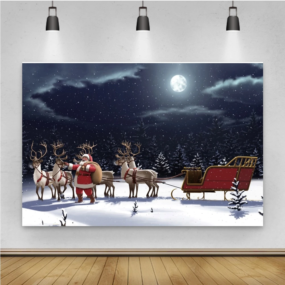 

Laeacco зимняя Ночная Снежная сцена Луна лес Санта Клаус сани комната фотографический фон для фотостудии