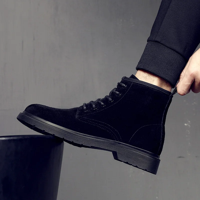 

British style men luxury fashion ankle boots black original leather shoes lace-up platform boot handsome short botas masculinas
