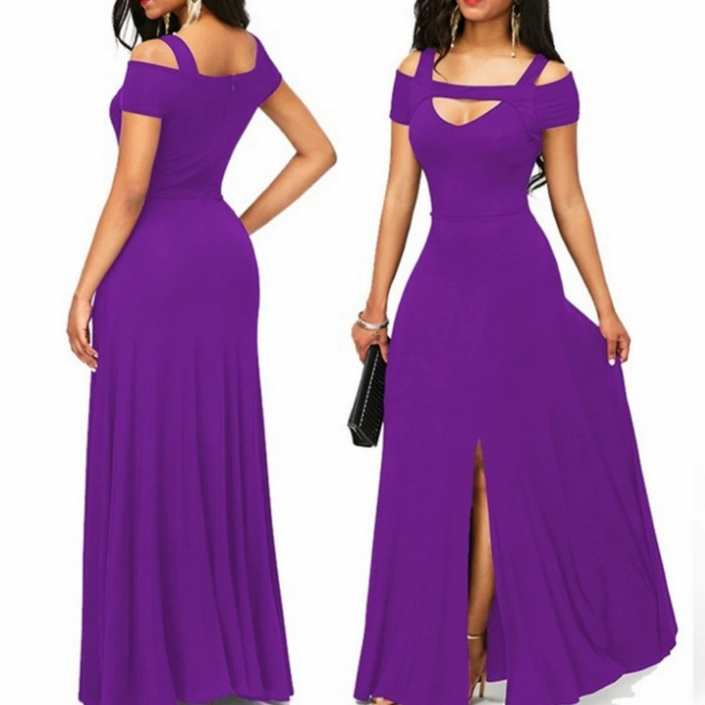 

Lugentolo Sexy Party Dress Women Summer V-Neck Empire Off The Shoulder Solid Hollow Out Slim Split Long Dress