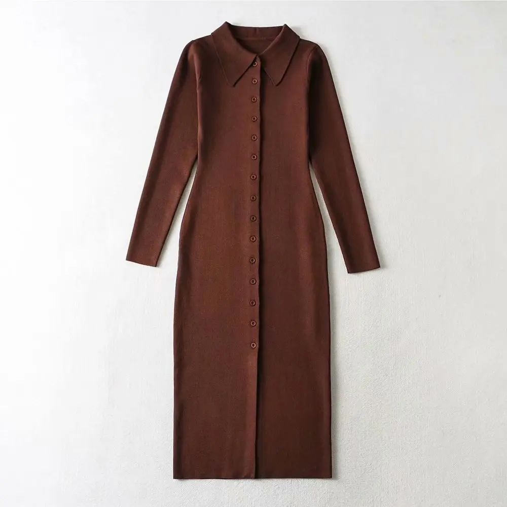 

Solid Long Sleeve Wing Collar Single Breasted Midi Knit Dresses