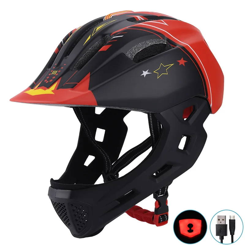 Children's Full Face Helmet With Red LED Light Kids Bike Helmet Child Cycling MTB Bicycle Skateboarding Roller Skating Helmet