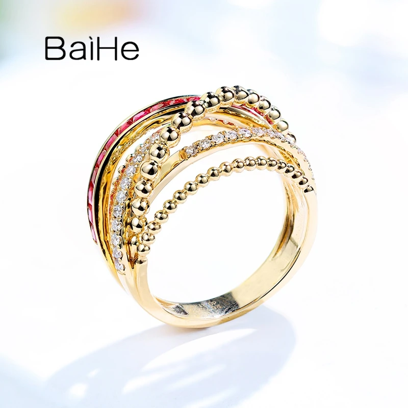 BAIHE однотонное 14K желтое золото 0.70ct квадратный огранка натуральный рубин 0.20ct