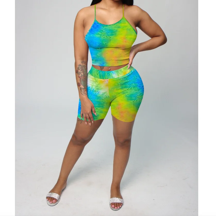 

Sexy Tie Dye Print Spaghetti Strap V-Neck Tank Top Biker Shorts 2 Two Piece Set Women Summer Tracksuit Crop Tops Streetwear