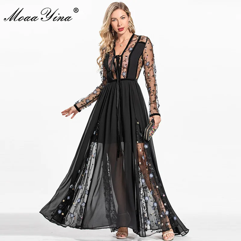 

MoaaYina, модное дизайнерское летнее платье, женское черное Сетчатое платье с длинным рукавом и вышивкой, сексуальные Клубные вечерние платья м...