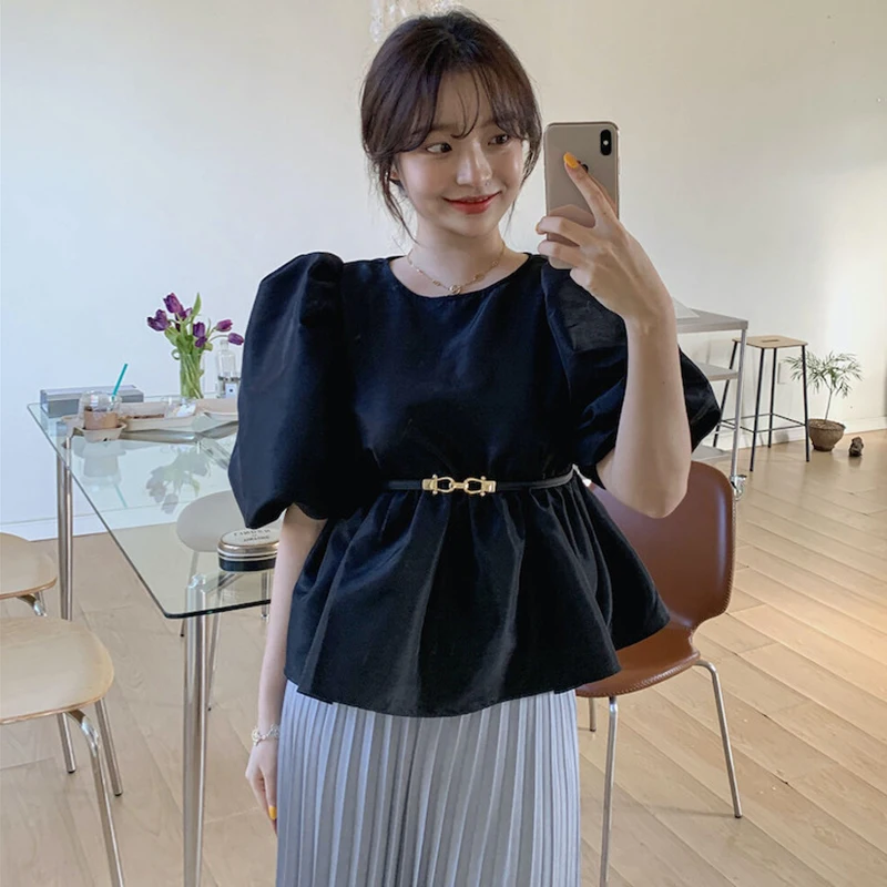 

ZAWAHIKI Korean Chic Women Shirt Summer 2021 O-Neck Loose Short Sleeve Solid Tops Lantern Sleeve Slim Waist Elegant Blusas