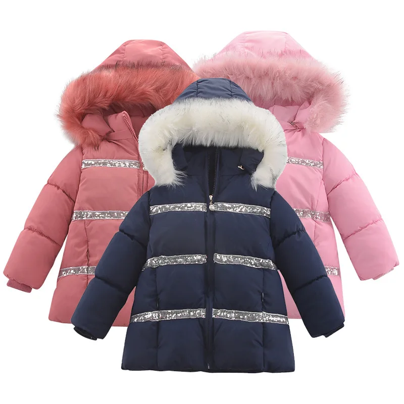 

Sequins Thick Keep Warm Winter Jacket For Girls Hooded Plus Velvet Kids Outerwear Teenager Long Windbreaker Coat