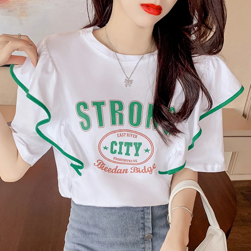 

Zoki Fashion White T Shirt Women Slim Casual O Neck Ruffle Print Letter Short Sleeve Street Wear Korean Stylish Summer New