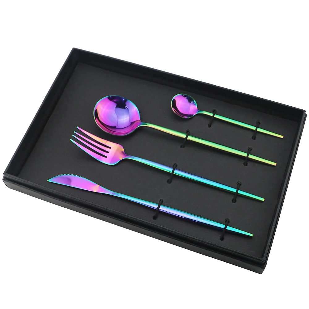 4/16/24pcs Dinnerware Set Rainbow Cutlery 304 Stainless Steel Tableware Fork Knife Spoon Dinner Silverware With Gift Box | Дом и сад