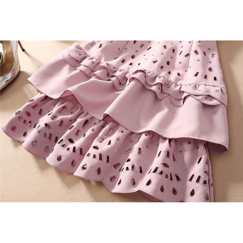 

Quality Runway Dress High Women 2021 Spring Summer New Clothes Fashion Short Sleeve Hollow Out Embroidered Ruffle Layered Dress