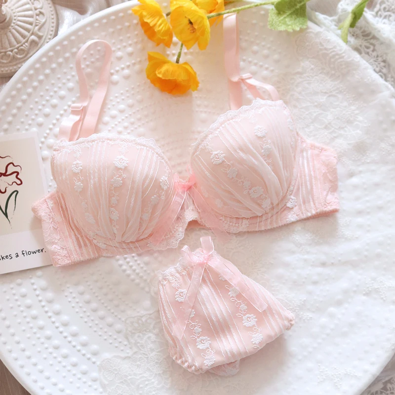 French Fairy Sweet Lolita Embroidery Flower Lace Bra & Briefs Set Japanese Women Push Up Underwire Soft Girl Underwear Suit
