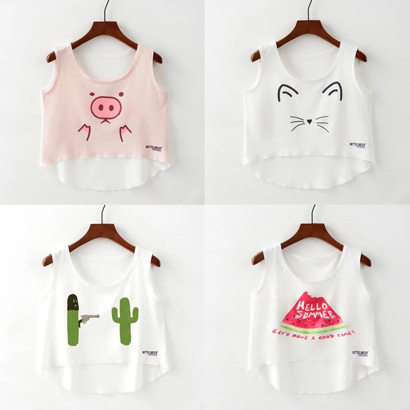 Artguy New Fashion Women Crop Top Sleeveless Cat Panda Print Summer Casual Short Cropped Tops Vest Tank | Женская одежда
