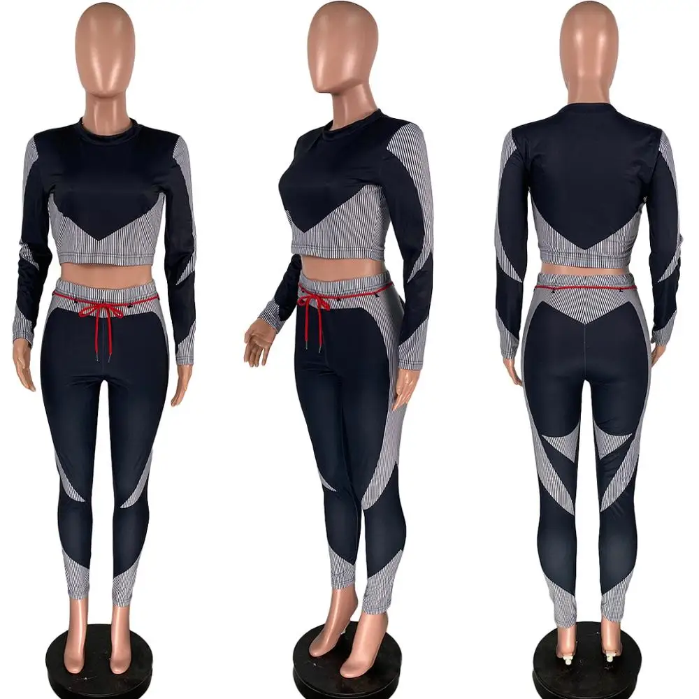 

Fitness Elastic Patchork Tracksuit Women Lounge wear Sporty Long Sleeve Crop Top + Leggings Bodycon Two Piece Set Jogging Femme