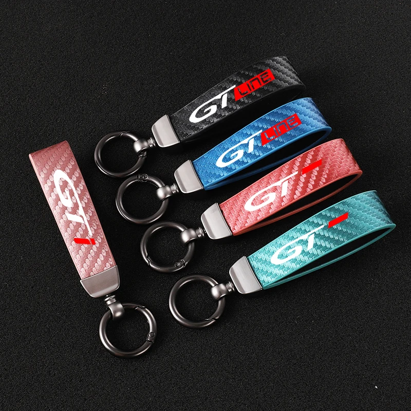 New fashion car carbon fiber leather rope Keychain key ring For Peugeot gt gti gtline 508 5008 3008 208 2008 308 Accessories