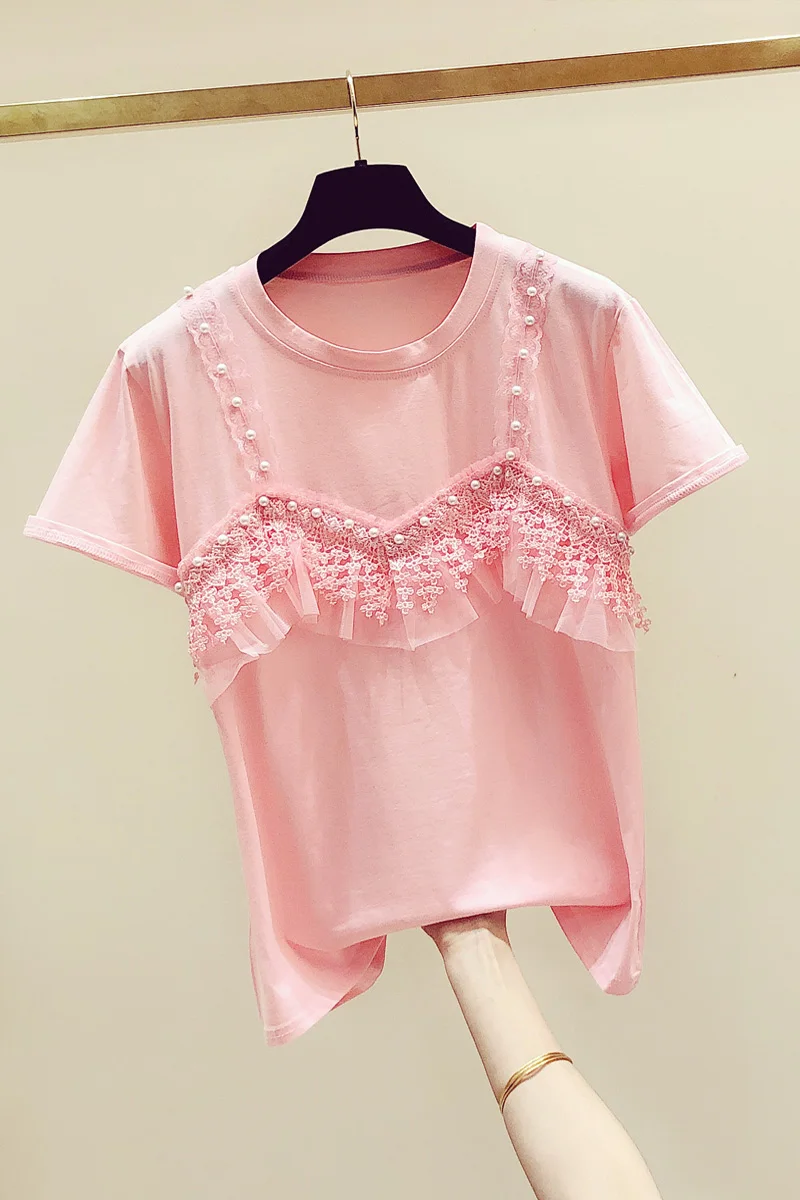 

2020 Spring Summer New Korean-Style Round-Neck T-shirt Lace Lace-up Women's Beaded Short-Sleeve Sweet Tshirt T Shirts Tee Girls
