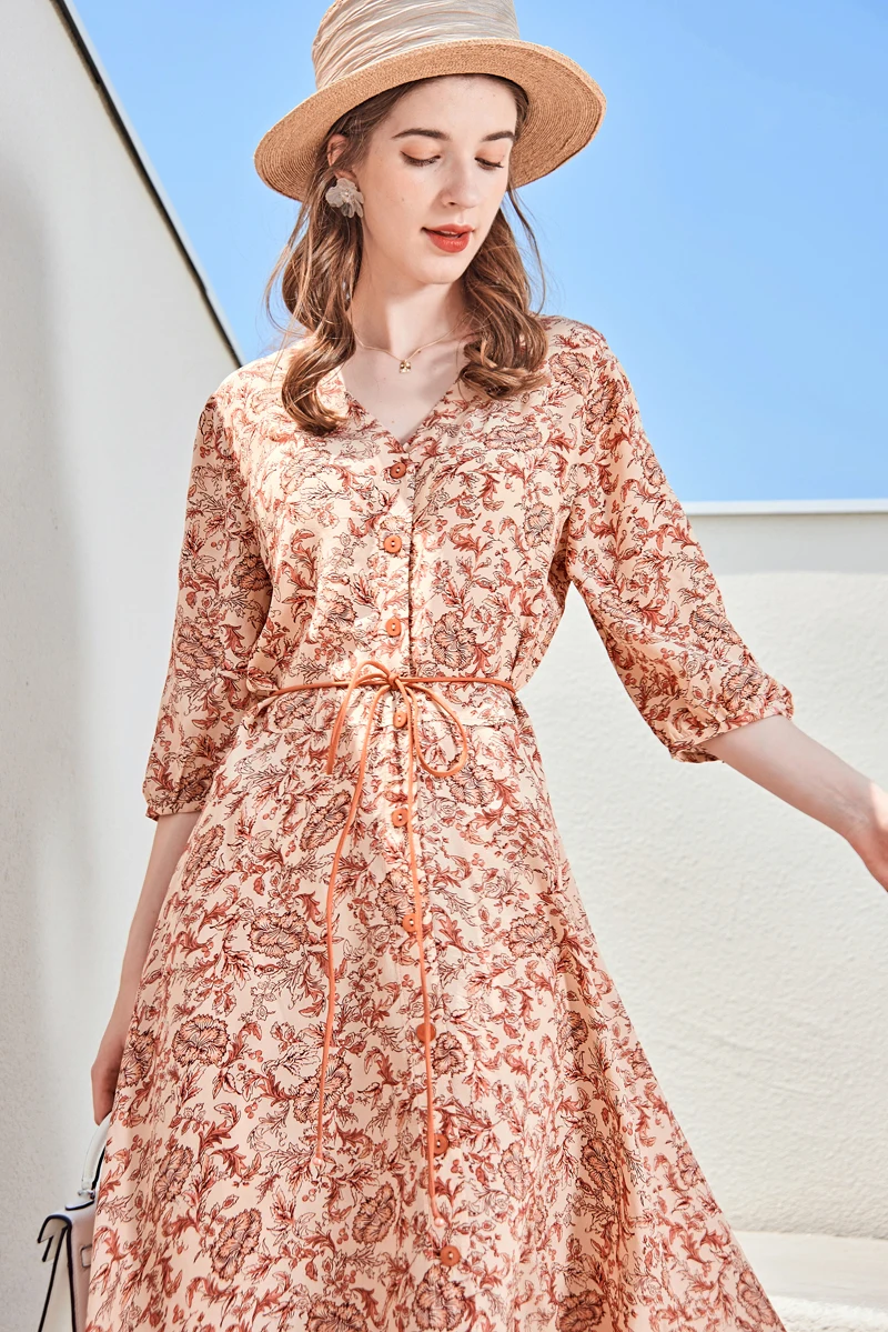

100% Silk Women's Runway Dresses Sexy V Neck 3/4 Sleeves Printed Sash Belt Fashion Casual Summer Holiday Dresses