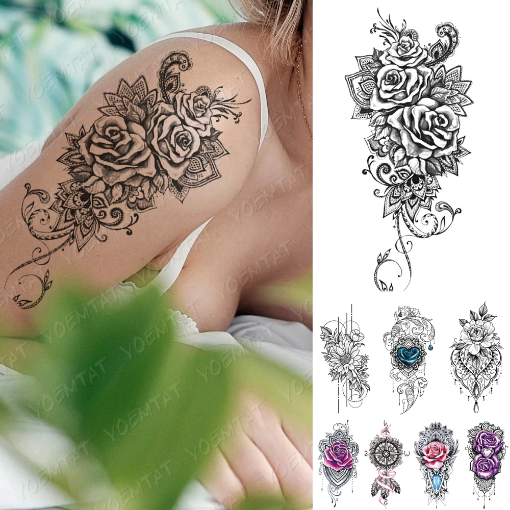 

Waterproof Temporary Tattoo Sticker Rose Peony Daisy Flowers Flash Tattoos Simple Lines Body Art Arm Fake Sleeve Tatoo Women Men