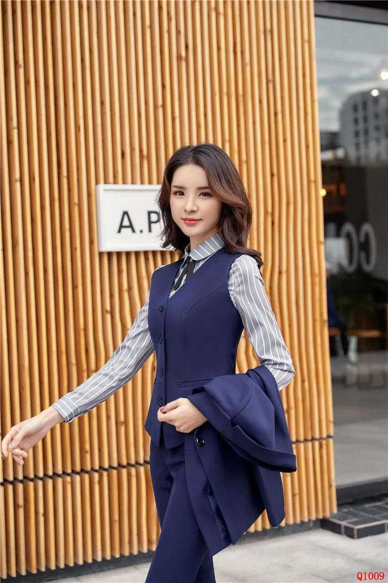 Темно синий Модная форменная конструкции брючные костюмы для женщин бизнес