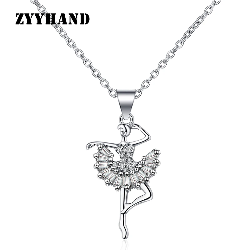 

Ballerina Girl Platinum-Plated Pendant Necklace Women AAAA Zircon Dancing Lady Cubic Zirconia Silver-Color Female Luxury Jewelry