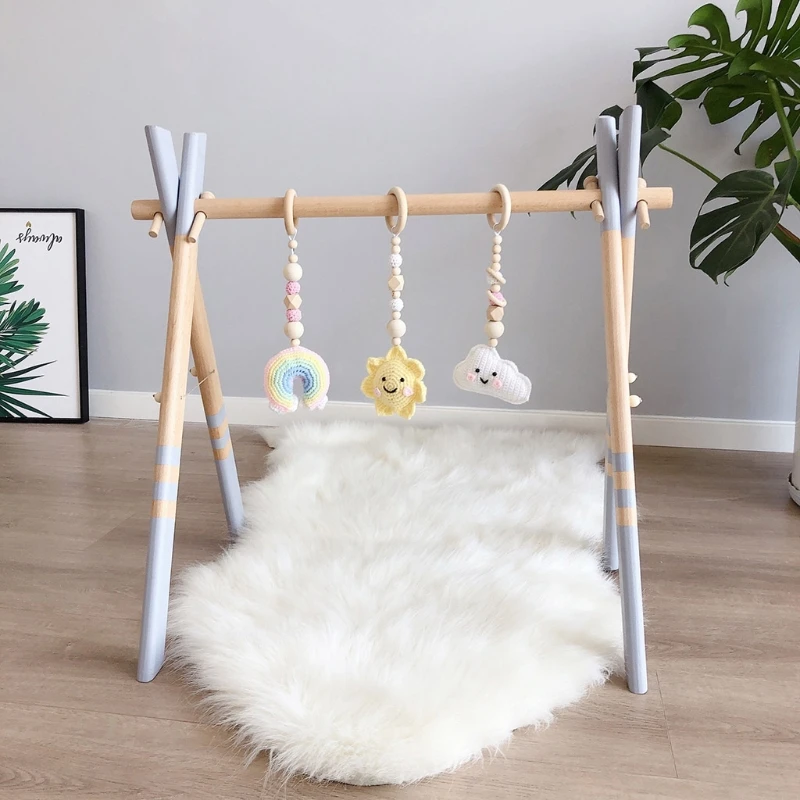 

3 Pcs/Set Baby Gym Frame Pendants Crochet Sun Cloud Rainbow Rattles Wooden Ring Teether Toys Infant Newborn Teething Shower